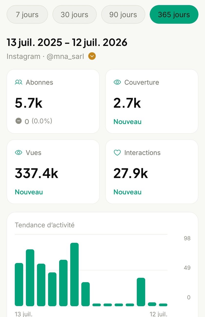 Le tableau de bord d'analyse : abonnés, couverture, vues et interactions, avec la courbe d'activité.