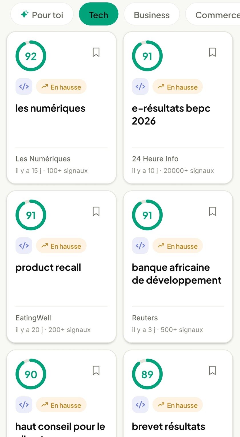Le radar de tendances de MaxouAI : chaque sujet porte un score, sa source et son volume de signaux.