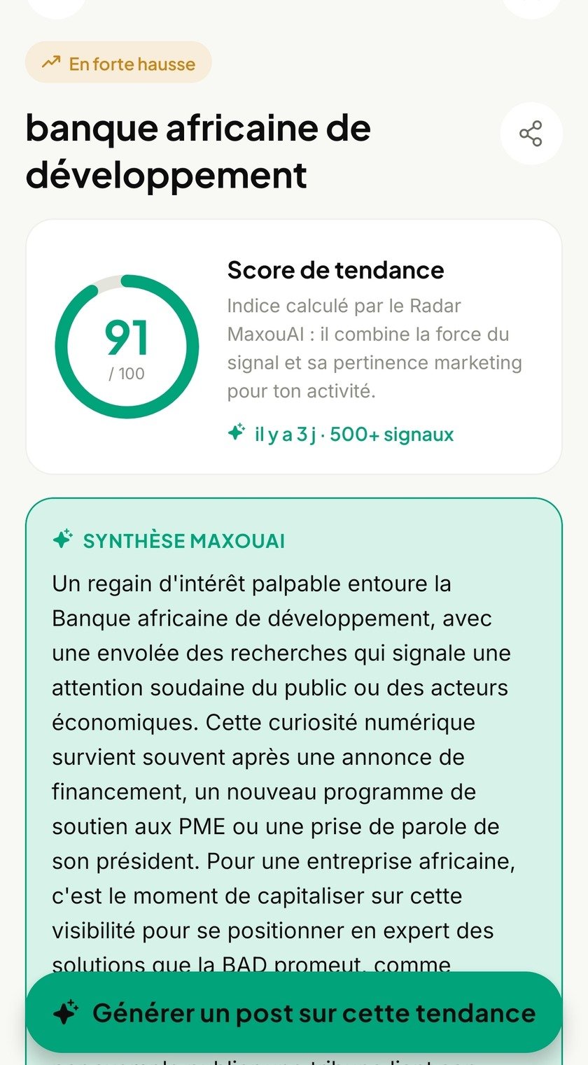 Le détail d'une tendance : score, origine du signal, synthèse produite par MaxouAI et sources citées.